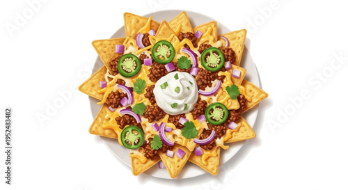 Round plate of nachos with beef  cheese and fresh toppings