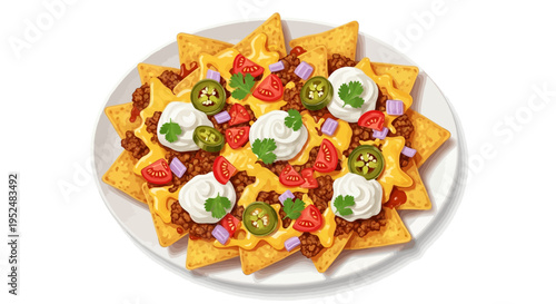 Generous portion of nachos with beef  cheese  and many toppings