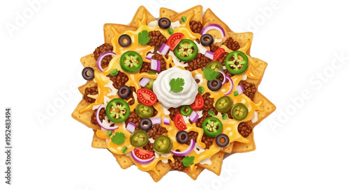 Loaded nachos with beef  cheese  jalapeños  olives and fresh toppings