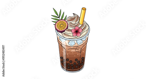 Fruity bubble tea drink with passion fruit  flower and whipped cream