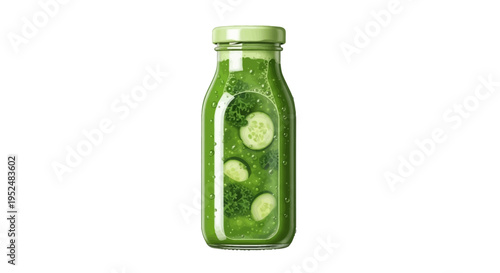Healthy cold pressed green detox juice in a bottle with cucumber slices
