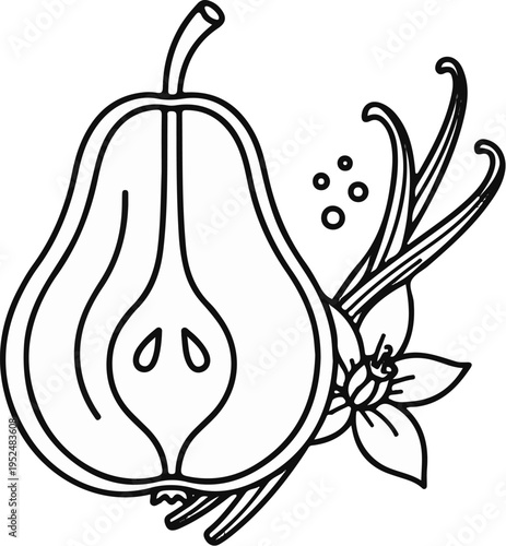 Stylized outline of a halved pear with vanilla beans and flower