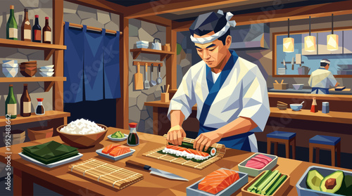 An illustration of a focused Japanese chef in a traditional uniform making a sushi roll with fresh salmon and rice on a bamboo mat inside a warm, authentic restaurant kitchen.
