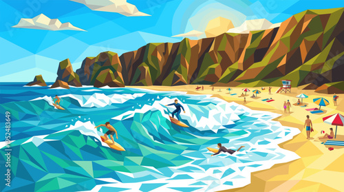 A vibrant, low poly vector illustration of surfers riding blue waves as people relax on a sunny, golden beach beneath towering cliffs.