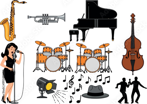 A collection of jazz instruments and elements, including a singer, saxophone, trumpet, piano, drums, double bass, spotlight, musical notes, and fedora hats