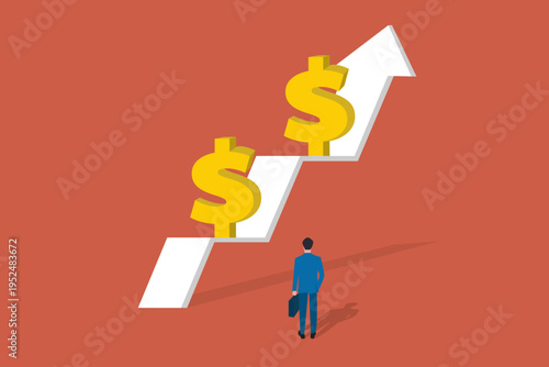 Businessman looking up at a rising growth arrow with dollar symbols, representing financial success, profit forecasting, and wealth accumulation