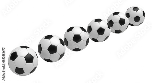 A series of soccer balls flying through the air on transparent background