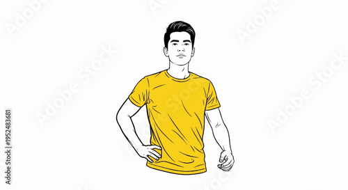 Stylized outline of a person in a yellow t-shirt, hands on hips