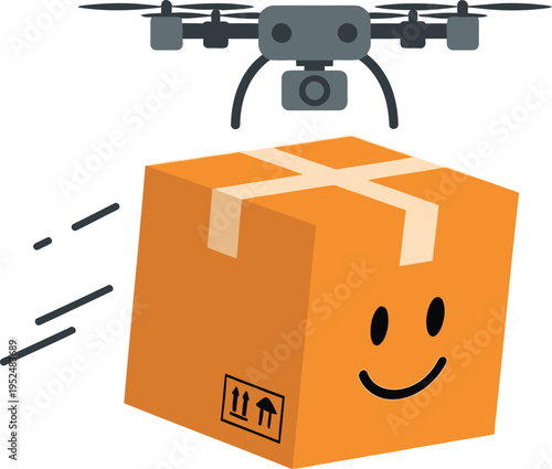 An orange package with a smiley face being delivered by a drone