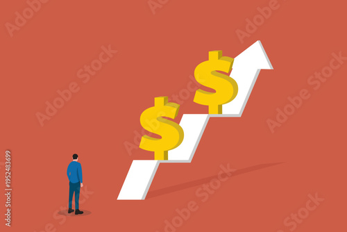 Businessman looking up at a rising growth arrow with dollar symbols, representing financial success, profit forecasting, and wealth accumulation