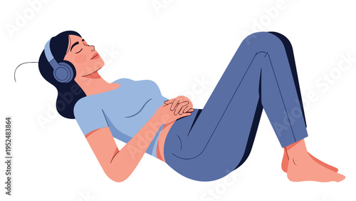 A woman wearing headphones lies on her back in casual clothes with a calm expression against a plain white background.