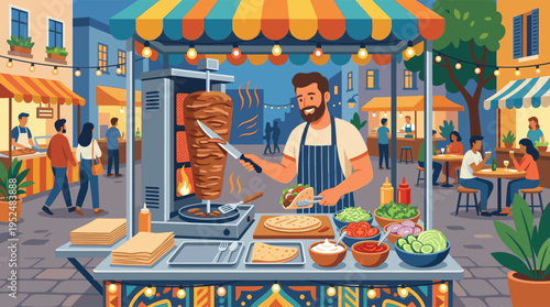 A smiling vendor prepares a traditional doner kebab at a vibrant night food market illuminated by string lights.