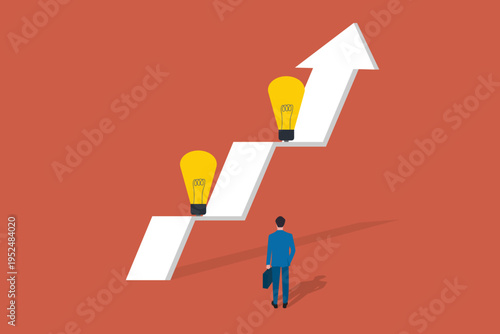 Businessman looking up at a rising growth arrow with lightbulbs on it, representing strategic innovation, progress, and visionary leadership
