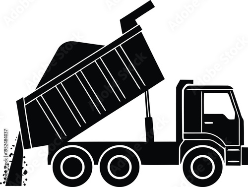 Black and white dump truck silhouette with raised bed