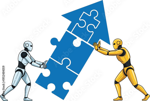 Two robots working together to complete a puzzle piece with an upward arrow