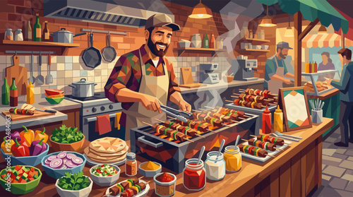 A smiling bearded chef in an apron grills delicious meat and vegetable kebabs at a bustling, warm, and inviting street food market stall.