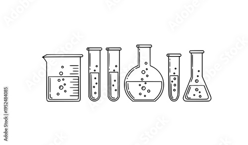 Laboratory Beakers and Test Tubes Black and White Linear Vector Illustration for Science and Education