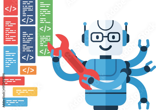 A cheerful robot with a wrench and coding symbols
