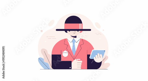 Stylized person in a hat, suit, and tie holding a digital tablet