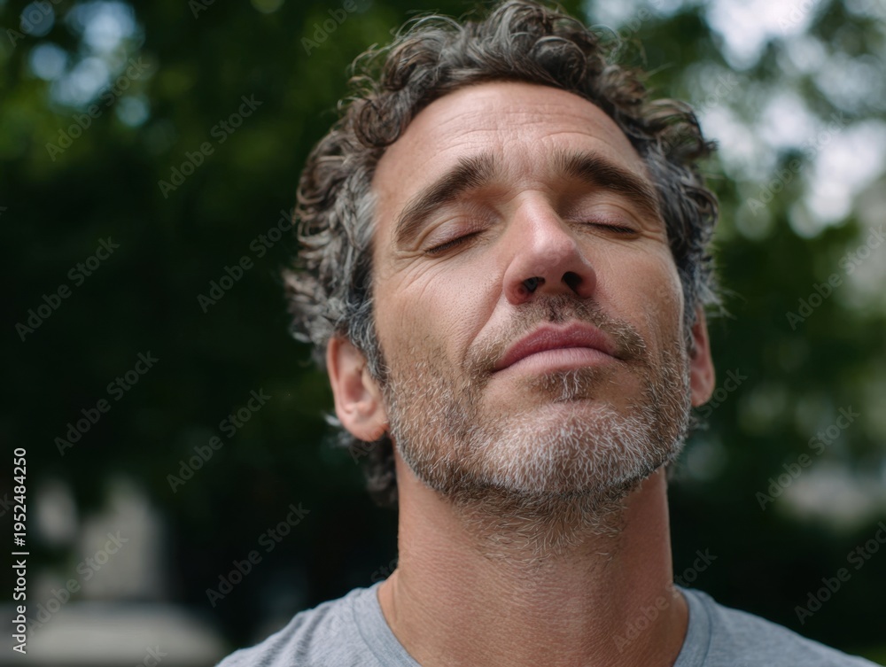 Fototapeta premium Man calming himself with deep breath