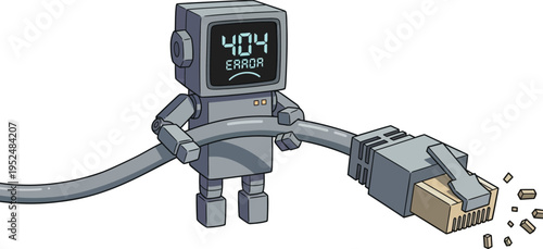 A blue robot holding a broken ethernet cable with a sad face on its screen