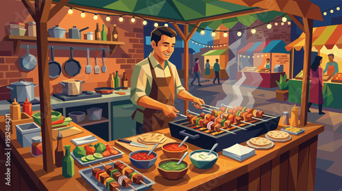 A smiling male vendor in an apron cooks delicious meat and vegetable skewers on a grill at a vibrant night market food stall.