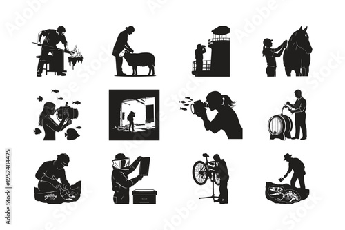 Silhouette set bundle of researchers and animal care specialists art