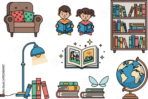 Illustration of a child reading, a comfortable armchair, a study lamp, stack of books, and a globe, symbolizing education and knowledge