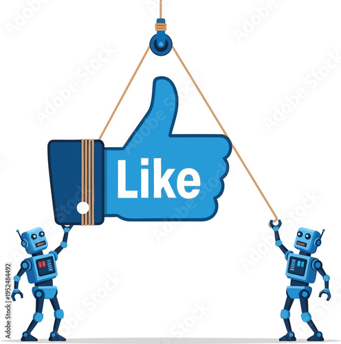 Two robots lifting a large blue thumbs up symbol with like text