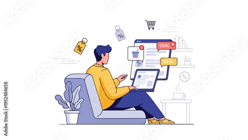 An illustration of a man sitting on a couch with a laptop and smartphone, surrounded by floating shopping icons and a potted plant beside him, on a white background.