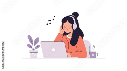 A woman wearing headphones sits at a desk with a laptop, plant, and coffee cup, listening to music with a relaxed expression.