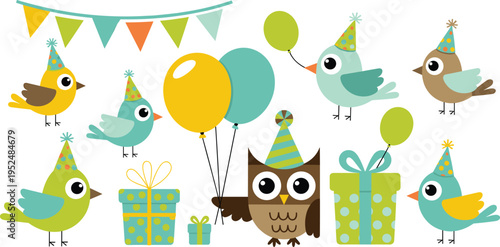Cute vector set of party animals featuring owl and birds with balloons gifts and bunting for kids birthday celebration designs isolated on white background for graphic design.