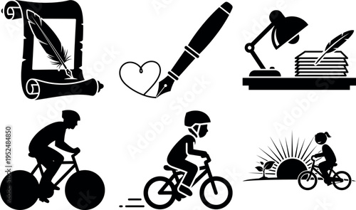 Creative illustration of writing and cycling icons isolated on transparent background