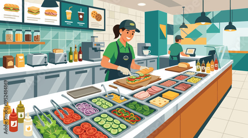 A friendly female employee prepares a fresh sub sandwich with various ingredients at a busy fast-food deli counter in a modern vector illustration.