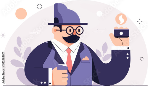 Stylized man in suit, hat, and glasses holds coin and box