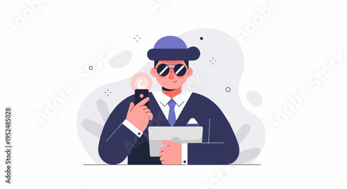 Stylized man in suit holding camera with flash, wearing hat and sunglasses