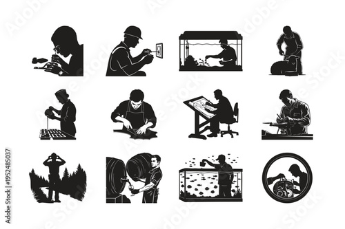 Silhouette set bundle of technical experts and detailed manual labor