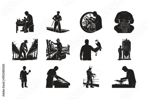 Silhouette set bundle of traditional craftsmen and technical workers