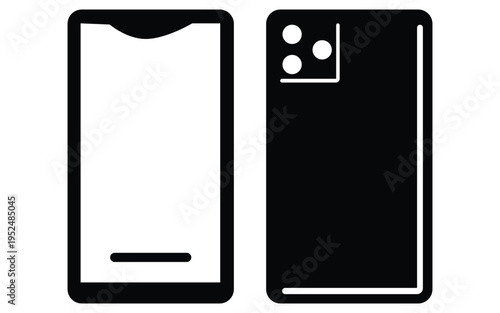 Minimalist smartphone icons set, front and back view, black and white modern mobile phone symbols