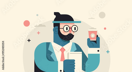 Stylized man in suit holding coffee cup and document