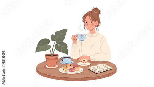 A woman sits at a wooden table enjoying a cup of coffee with a plant, plate of food, and book nearby on a plain white background.