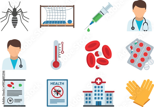 Medical and Health Icons including Doctors, Medicine, and Mosquitoes for Disease Prevention and Healthcare Concepts