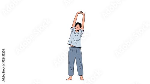 Full-body illustration of a woman stretching her arms up over her head in casual pajamas on a plain white background.