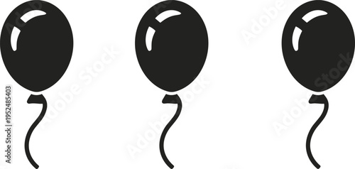 Black balloon silhouette set with three floating party balloons, simple celebration decoration icon collection, minimal vector illustration isolated on white background for festive design