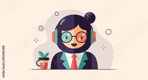 Stylized cartoon person with headphones, glasses, and tie, next to plant