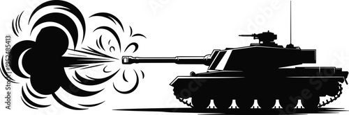 Black and white stylized silhouette illustration of modern military tank firing cannon with dynamic smoke blast, powerful armored combat vehicle design for warfare, defense, and technology concepts