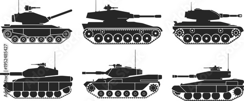 Black silhouette illustration of six different military tanks in two rows, showcasing armored vehicle variations for defense, combat, warfare, engineering, and military technology concepts