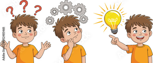Cartoon boy thinking and getting idea with glowing light bulb, problem solving concept illustration showing confusion, thinking process and inspiration in colorful vector style