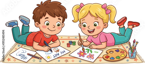 Cartoon children lying on rug drawing and painting with colorful art supplies, creative childhood activity illustration for education, imagination, teamwork, and artistic learning concepts