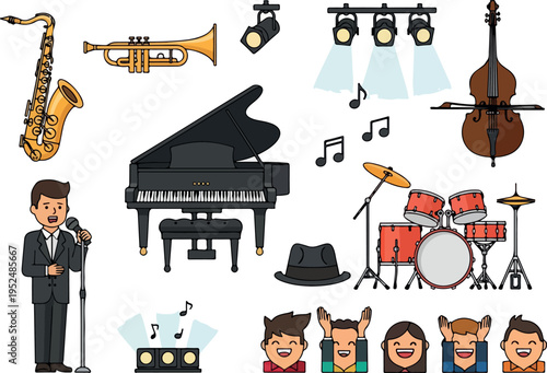 Collection of musical instruments and performance equipment, featuring a saxophone, trumpet, piano, drum set, and microphone, along with stage lighting and musical notes